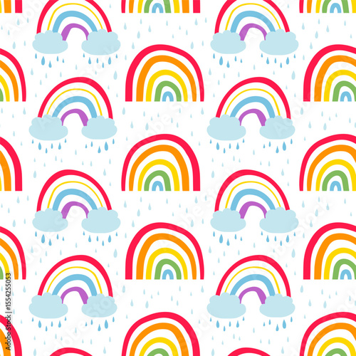 Cute childish style seamless pattern with rainbow, cloud and rain drops