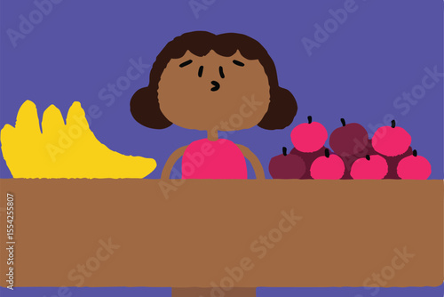 Vector art of a happy girl surrounded by fresh fruits