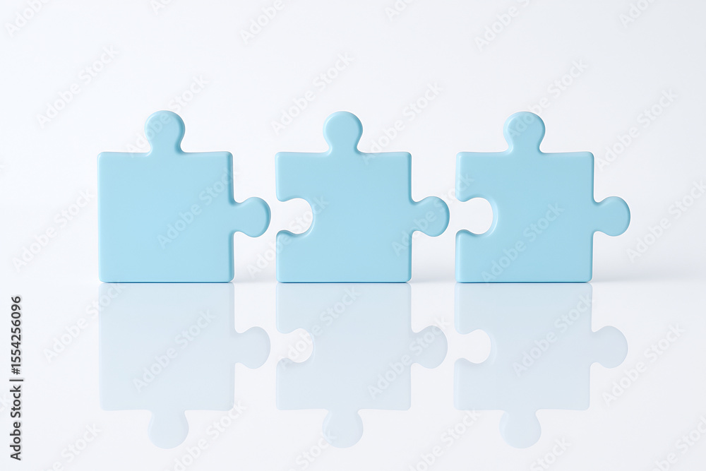 Three blue puzzle pieces on a white reflective surface Three blue puzzle pieces on a white reflective surface