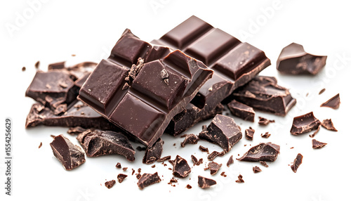Broken organic dark chocolate bar isolated on a transparent background with shadow from above, top view