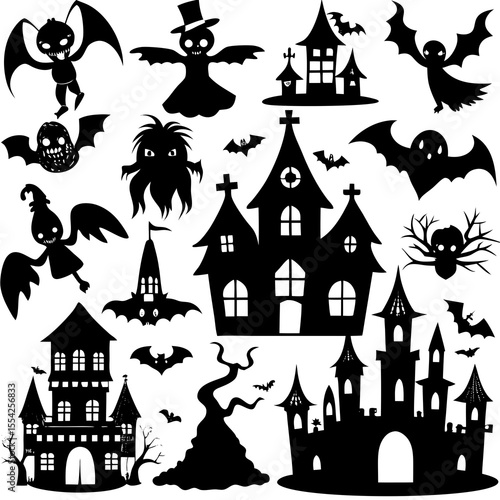 Collection of spooky halloween silhouettes featuring haunted houses ghosts bats and a creepy tree