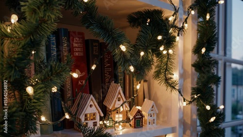 A cozy indoor space showcases festive decorations, featuring glowing lights and charming miniature houses arranged on a shelf. Cheerful mood for Christmas decor holiday season