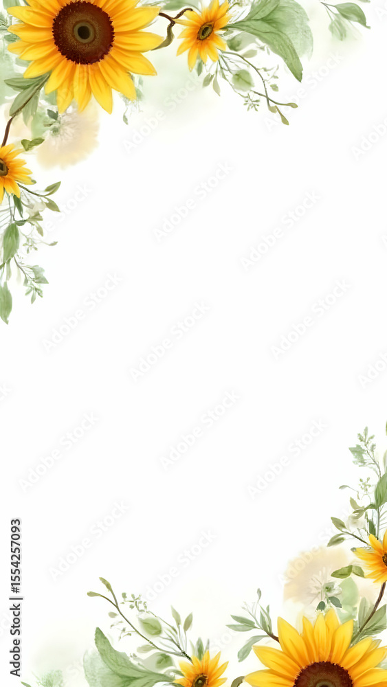 Fototapeta premium Watercolor realistic border with sunflowers and green foliage on white background
