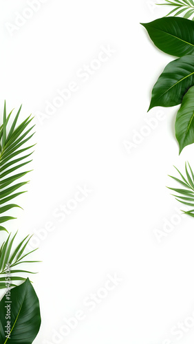 Border of realistic palm leaves and monstera leaves isolated on white background