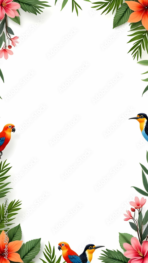 Naklejka premium Realistic border of tropical birds and flowers on white background