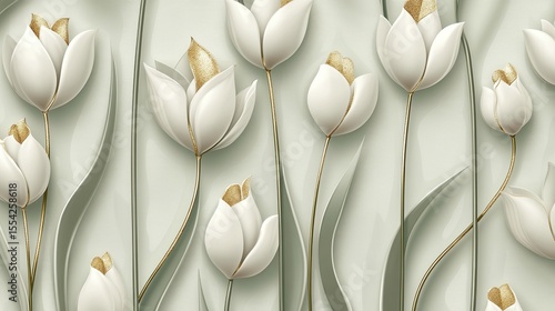 Elegant white tulips with gold accents on a pale green background.