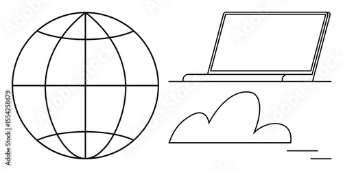 Globe with grid, laptop, and cloud elements symbolizing global communication, cloud storage, remote work, data sharing, innovation, technology, and modern networking in a simple flat metaphor