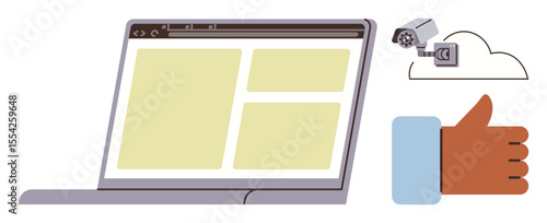 Open laptop displaying a web browser, connected surveillance camera on a cloud, and a thumbs-up gesture. Ideal for technology, internet safety, surveillance, cloud storage, approval, data privacy