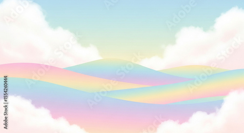 Pastel Rainbow Hills and Clouds Dreamy Landscape Illustration