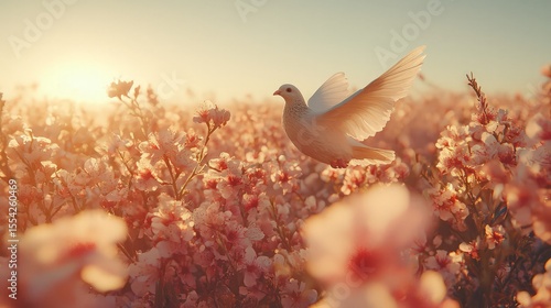 White dove flying through blooming cherry tree field