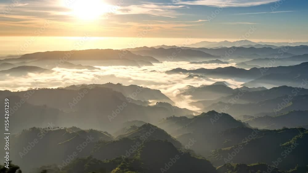 Aerial view of a mountain range with low clouds at sunrise or sunset creating stunning landscape Aerial view of a mountain range with low clouds at sunrise or sunset creating stunning landscape