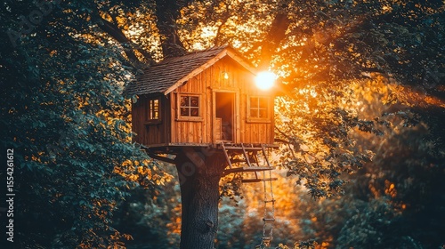Treehouse in forest at sunset offers peaceful retreat