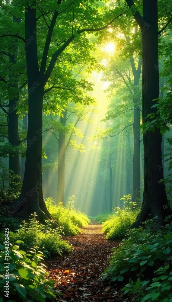 Naklejka premium A tranquil forest scene with dappled sunlight filtering through leaves, creating a peaceful and secure atmosphere Perfect for concepts of serenity, protection, and natural harmony , quietude, relaxed