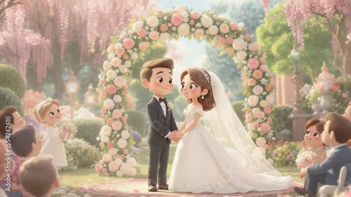 Cartoon Wedding Scene with Characters in Garden Ceremony