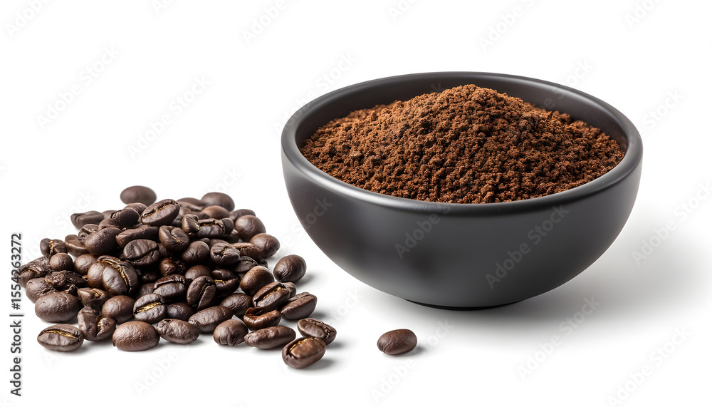 Instant granulated coffee in a black ceramic dish beside coffee beans isolated Instant granulated coffee in a black ceramic dish beside coffee beans isolated