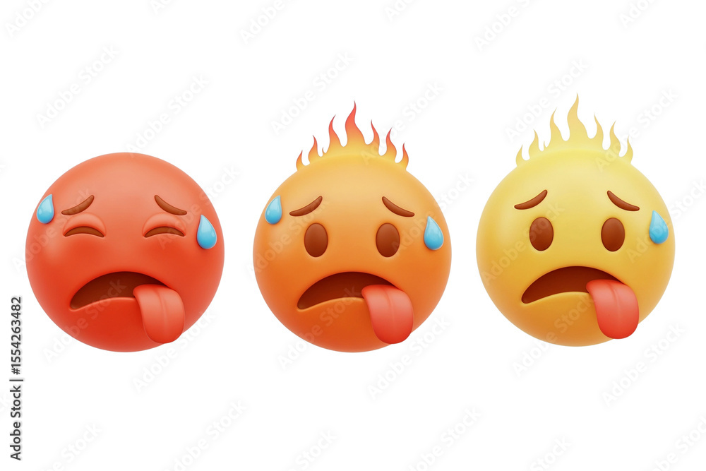 Three 3d rendered emojis showing different levels of heat and sweating, isolated on transparent background Three 3d rendered emojis showing different levels of heat and sweating, isolated on transparent background