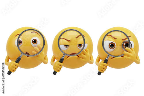 Three 3d emojis using magnifying glasses with various expressions, isolated on transparent background