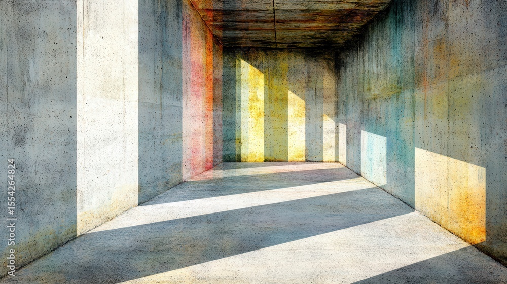 Fototapeta premium Colorful shadows in a concrete interior space.