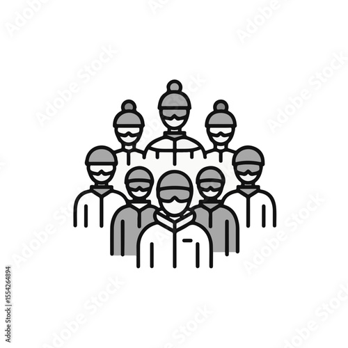 A stylized illustration depicting a group of people in protective gear.