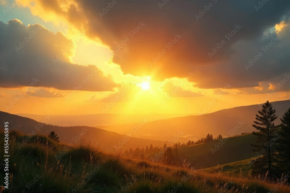 Obraz premium Golden sunlight streams through gaps in clouds, illuminating a landscape with a warm, radiant glow Perfect for nature, weather, and energy themes , day, power, daylight