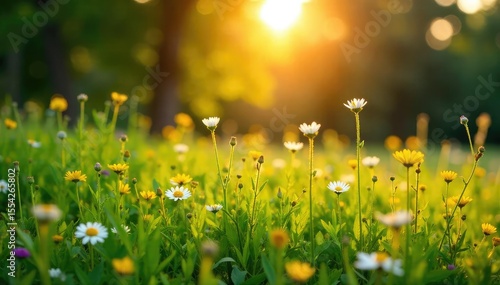Golden hour sunlight bathes vibrant summer foliage, illuminating lush green leaves and wildflowers in a sun-drenched meadow Perfect for summer, nature, and travel themes , nature, bloom, vibrant