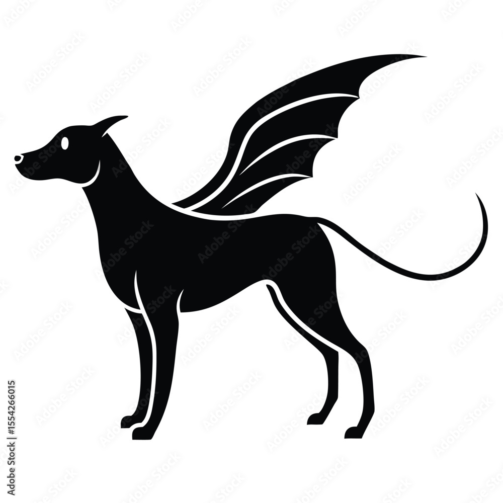 Obraz premium Stylized black silhouette of a dog with large bat like wings