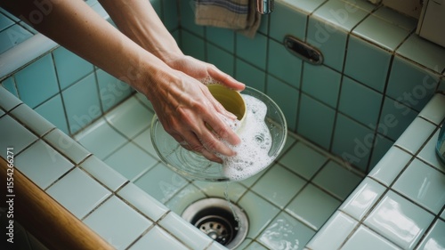 Hands washing dishes in soap suds over a blue tile kitchen sink