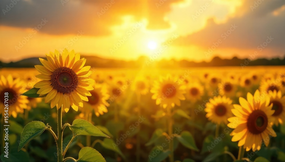 Obraz premium Radiant sun illuminates a field of golden sunflowers, bathed in a holy, ethereal glow The vibrant yellow evokes feelings of peace and spiritual connection , golden hour, gold, tranquil