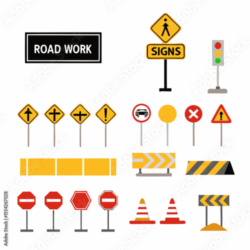 Collection of various road signs and traffic control devices for safety