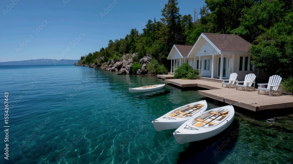 Fototapeta premium Cabins float on a pristine lake, using algae-based cleaning products and biodegradable waste systems