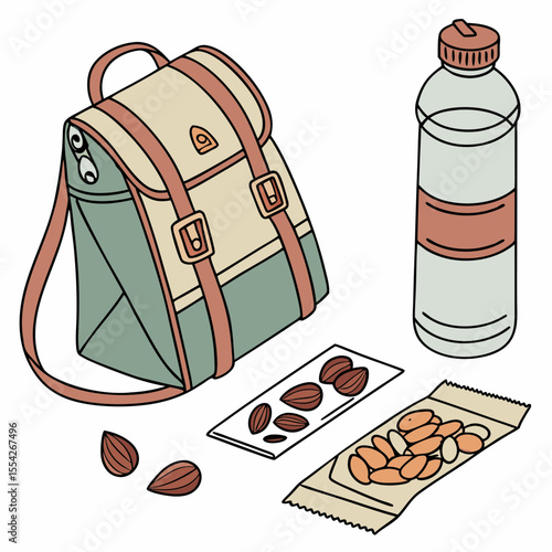 Adventure essentials backpack water bottle and nutty snacks for the outdoors