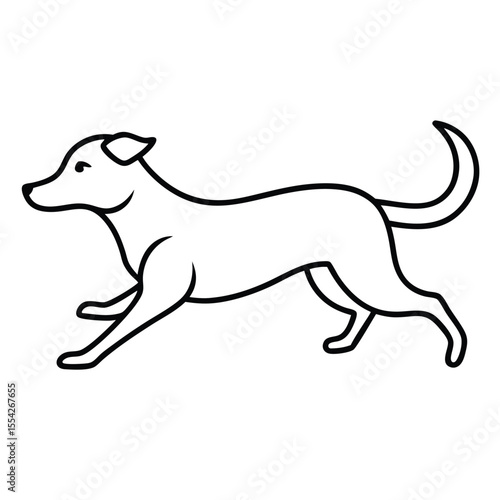 Simple black line drawing of a dog running happily on a white background