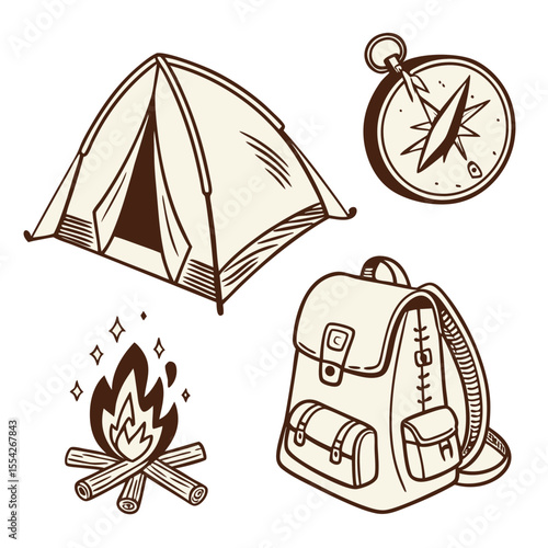 Hand drawn camping essentials including tent backpack compass and campfire