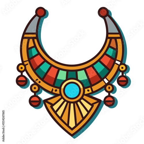 Ornate egyptian style necklace with turquoise gemstone and hanging beads