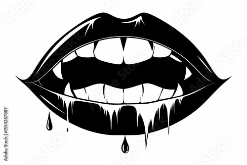 Black and white graphic of vampire lips with dripping fangs and saliva