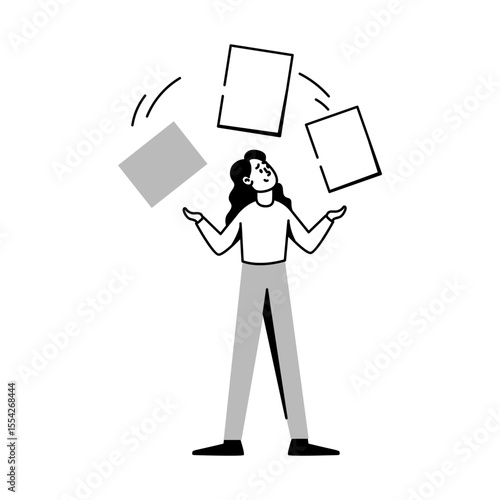 A doodle style illustration of paper juggling 