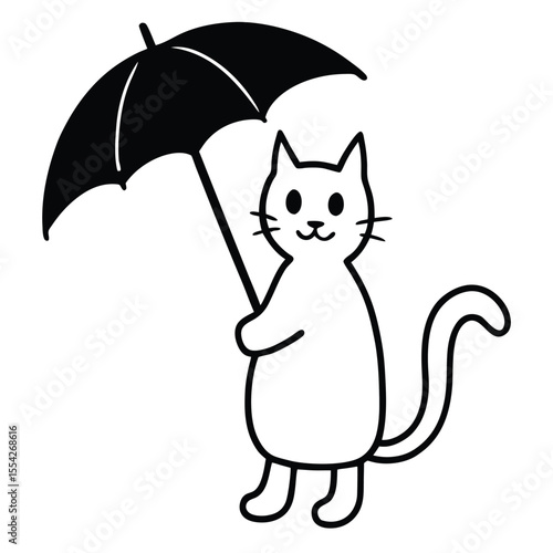 Cute cartoon white cat holding a black umbrella on a white background