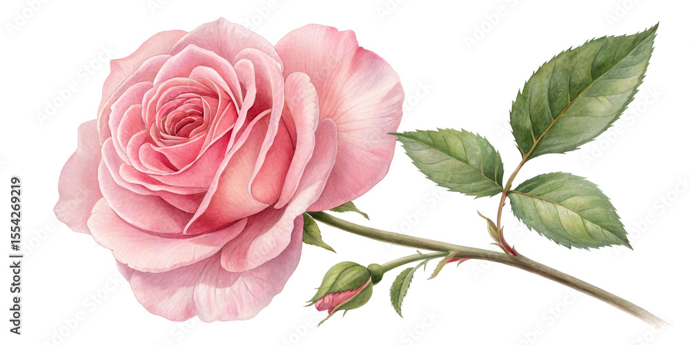 Fototapeta premium Watercolor Pink Rose, Stem, Leaves, Isolated on Transparent Background, Floral, Botanical Illustration, Rose Clipart