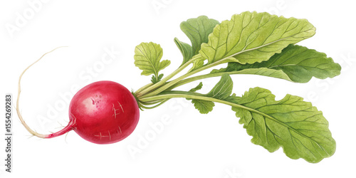 Watercolor Radish Illustration Single Red Radish with Green Leaves, Isolated on Transparent Background, botanical, vegetable, Radish, watercolor, illustration