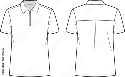 Men's polo shirt vector, technical fashion sketch, apparel CAD design, flat garment illustration, front and back view template