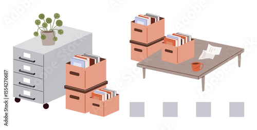 Filing cabinet, document boxes holding papers, wooden desk with coffee mug and papers, potted plant. Ideal for concepts organization, workplace, productivity, order, decluttering planning