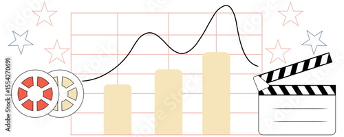 Flat Line Graph Illustrating Rise and Fall of Movie Ratings or Views With Film Reels, Clapperboard, and Star Icons in a Cinematic Analytics Theme Isolated on a Transparent or White Background