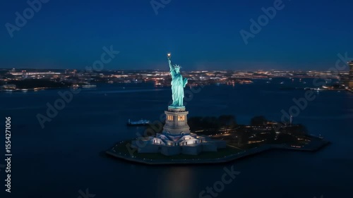 Statue of liberty at night with city skyline