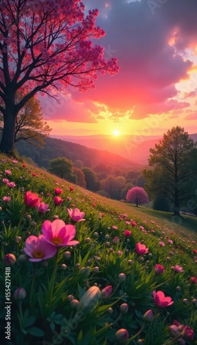 A breathtaking sunrise paints the landscape in vibrant pinks and oranges, illuminating dew-kissed flowers and lush greenery Perfect for nature, spring, and idyllic themes , dreamy, rosy