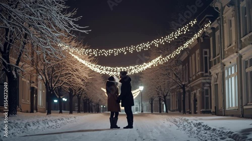 Two people hold hands while strolling down a snowy street at night, surrounded by beautiful trees lit with string lights. The serene Christmas winter atmosphere is perfect for a romantic outing