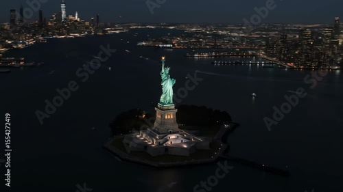 Statue of liberty nighttime aerial view