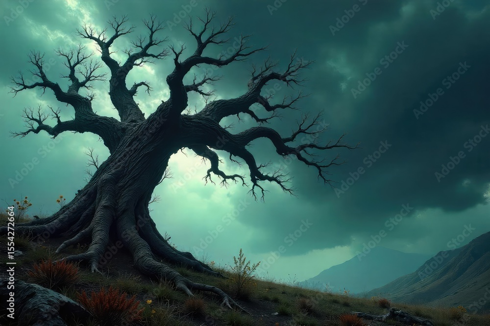 custom made wallpaper toronto digitalA gnarled, twisted tree clawing at a stormy sky, its branches reaching like skeletal fingers The image evokes a sense of malevolent, untamed nature , brooding, barren, sinister