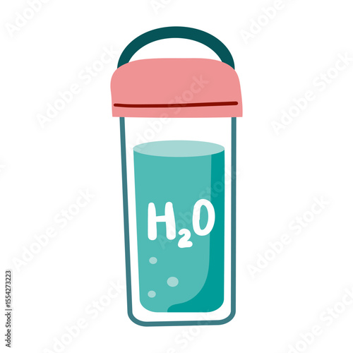 Pure water drink icon in flat style. Glass bottle and drinking glass vector illustration on isolated background. Water beverage sign business concept. Hand drawn cartoon style isolate on white .