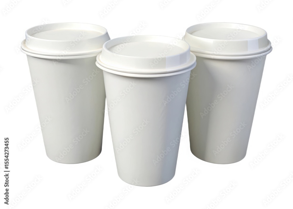 Three blank white paper coffee cups with lids isolated on white background Three blank white paper coffee cups with lids isolated on white background