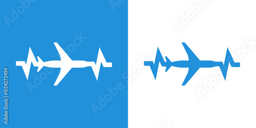 Logo de transporte aéreo. Viajes en avión. Silueta de avión con pulso o latido del corazón	